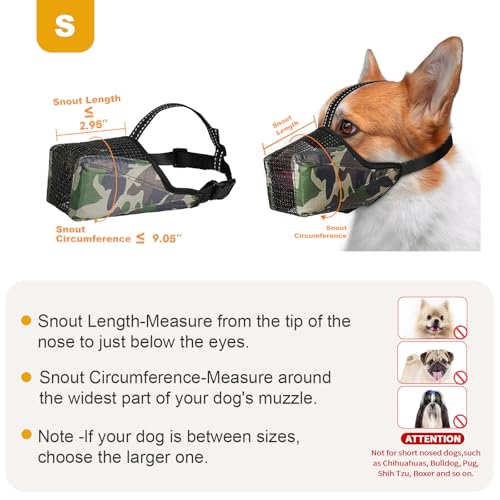 Image of Mesh Dog Muzzle, Breathable Soft Dog Muzzle with Reflective Straps for Secure Fit, Prevents Biting, Chewing Scavenging- Adjustable for Small Medium Large Dogs,Camo,S