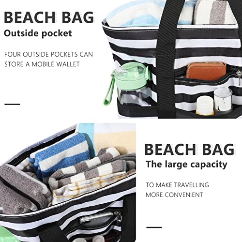 Ledaou Large Beach Tote Bag Women Beach Bag Waterproof Sandproof Zipper Pool Picnic Gym Travel Tote Bag (Black White Stripes) #TOP3