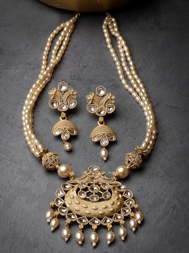 Image of Adiva Stylish Traditional Gold-Plated Kundan Stone Studded & Pearls Handcrafted Necklace with Earrings Jewellery Set for Women & Girls