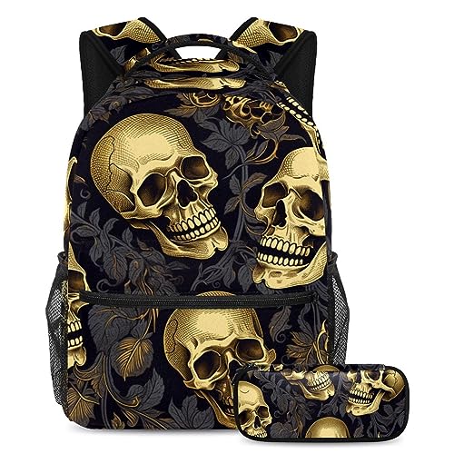 Sac à dos tête de mort pour enfants ados filles garçons avec trousse à crayons assortie