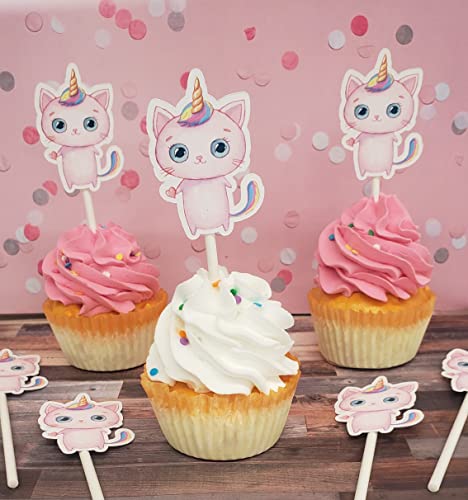 Rainbow Unicorn Cat Cupcake Toppers (24 Count) In Pink - For Birthday Party Baby Shower Funny Girl Decorations Kitty #TOP1