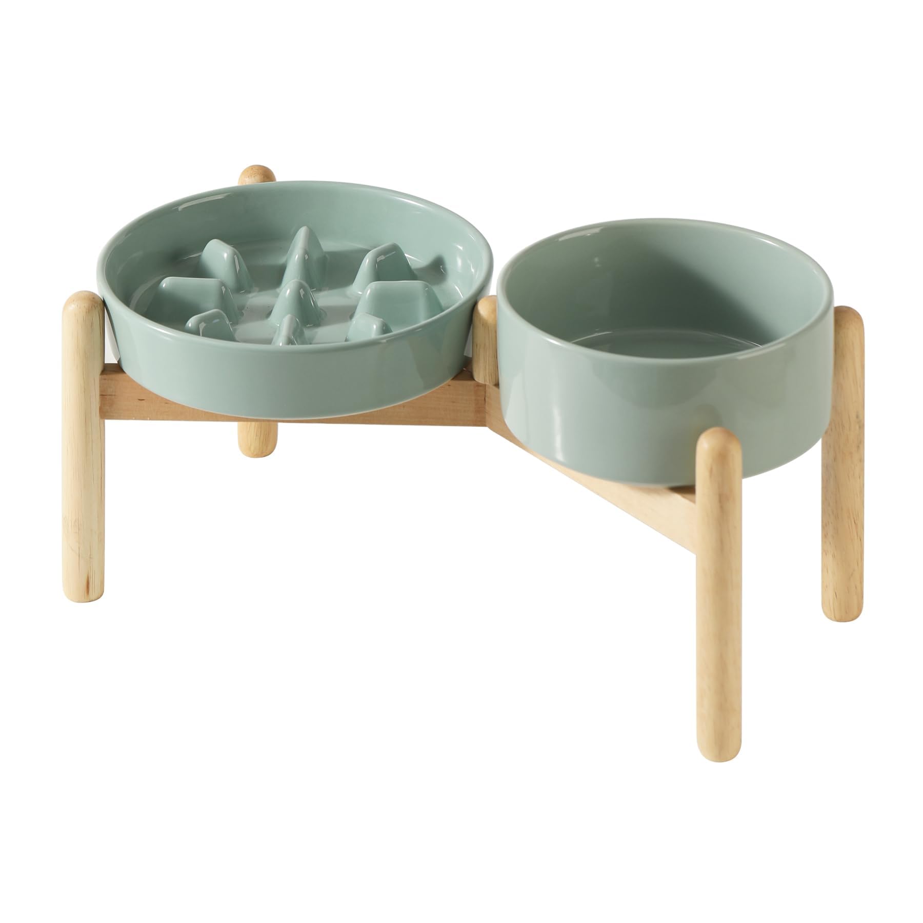 Havniva 18,5 cm erhöhter Slow Feeder Hundenäpfe Set, 1,2 Tassen Keramik Slow Feeder Hundenapf und 15,5 cm Hund Wassernapf mit erhöhtem Holzständer Puzzle Hundefutter Schüssel für kleine Hunde