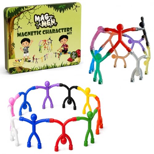 MAGMEN 20-Piece Magnetic Fidget Figures with Storage Tin - Assorted-Color Mix of Magnetic Character Figures for Kids & Adults - Quiet Airplane & Road Trip Travel Toy - Screen-Free Sensory Desk Toy.