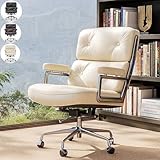 Genuine Leather Office Chair, Mid Back Executive Desk Chairs with Aluminum Arms and Wheels, Swivel Office Leather Chair with Thickened Backrest and Ergonomic Lumbar Support, White