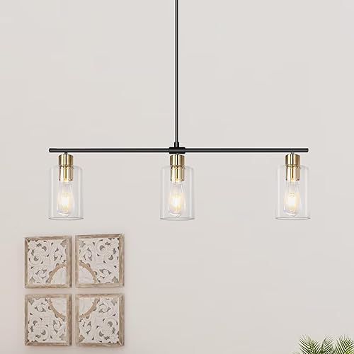 Miniatura 9 de KMaiPem Iluminación de isla de cocina, lámpara lineal de granja de 3 luces, lámpara de comedor negra y dorada con pantallas de vidrio, luces