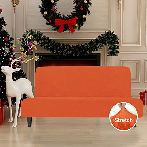 Image of Easy-Going Stretch Futon Slipcover Armless Futon Bed Cover Furniture Protector Without Armrests with Elastic Bottom for Kids, Soft Jacquard Fabric Small Checks (Large, Orange)