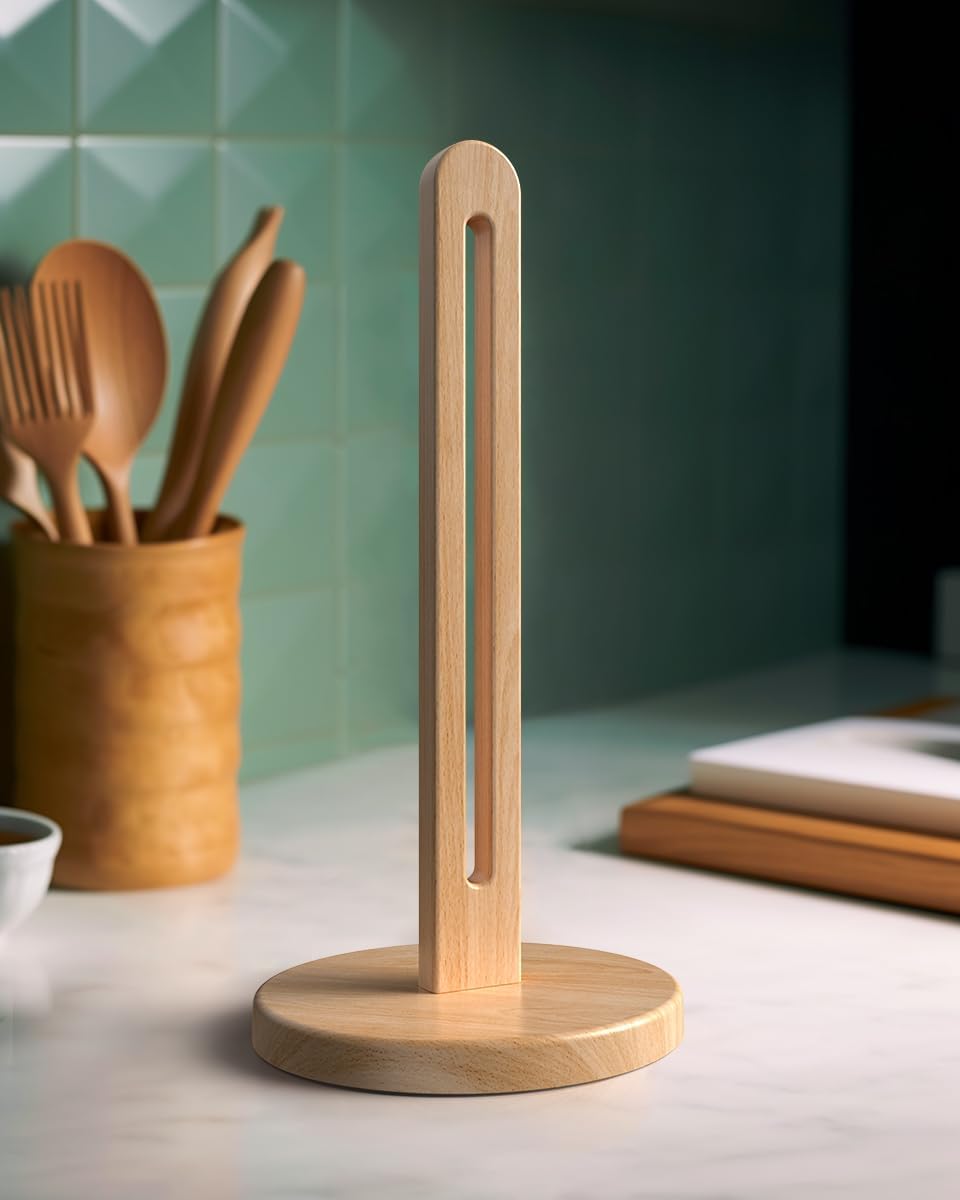 Wooden Paper Towel Holder Countertop, Fits Jumbo Roll, Solid Freestanding Beech Wood Light Wood Paper Towel Dispenser Stand with Non-Slip Base