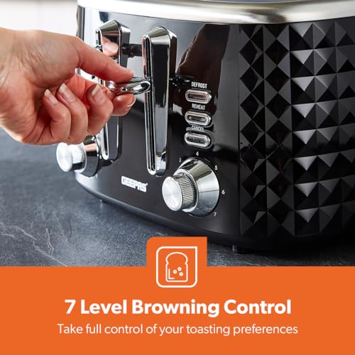 Geepas 4 Slice Bread Toaster with 7 Level Browning Control | Removable Crumb Tray, Defrost, Reheat & Cancel Function, Cord Storage | 2 Year Warranty, Textured Design, 1750W, Black & Silver