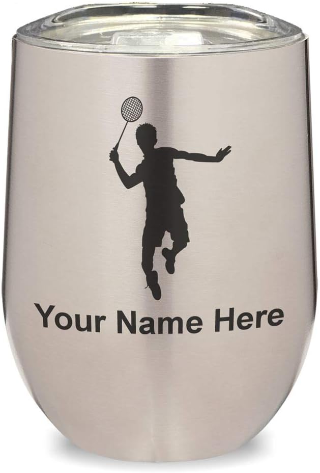 LaserGram 16oz Double Wall Stainless Steel Wine Glass Tumbler, Badminton Player, Personalized Engraving Included (Black)