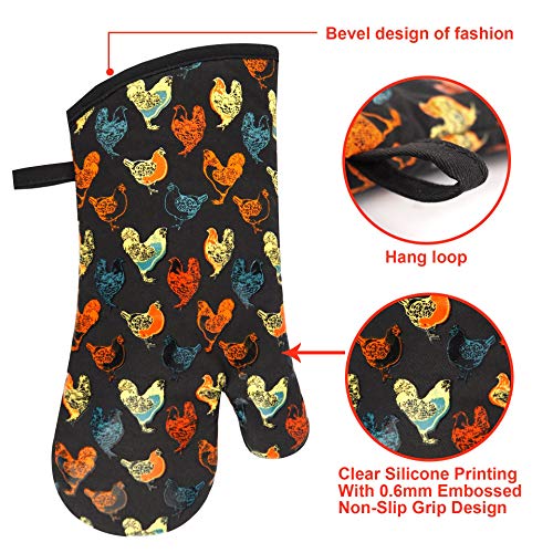 Oven Mitts Gloves 1 Pair Heat Resistant 480 ℉ Non Slip Clear Silicone Printed Rooster Comfortable Cotton Lining Kitchen Men Cooking Barbecue Machine Washable (Rooster, Black Mittens) #TOP2