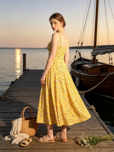 Image of YATHON Women's Summer Midi Corset Boho Dresses Spring Casual Floral Spaghetti Straps Lace Up Dress Flowy Aline Beach Sundress