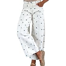 chouyatou Women Polka Dot Wide Leg Barrel Jeans Mid Rise Denim Ankle Pants