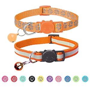 BANMODER 2 Pack Reflective Cat Collar Breakaway with Bell,Personalized Kitten Collars,Adjustable Safety Buckle Collar for Male Cats Girls & Boys (Orange)