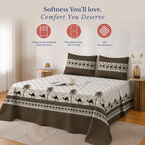 Image of Jaipur Weaves Cotton King Size Bedsheet 108x108 Super King, 100% Pure Cotton Bed Sheet with 2 Pillow Covers, 300 TC Soft Breathable Camel Design Bedding - (Olive Desert)