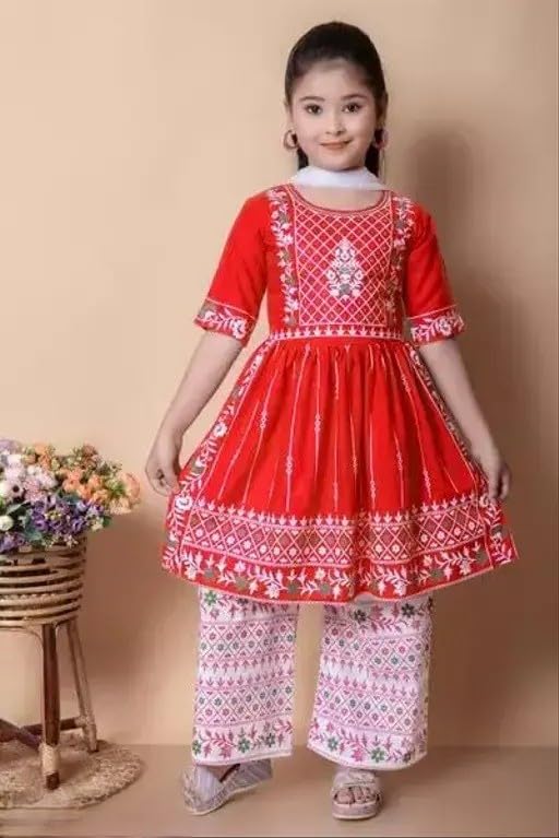 Image of Girls Traditional Embroidered Kurta Palazzo Set, Green and White, Floral Design, Half Sleeves