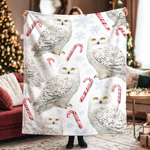 Manta con diseño de búho nevado, con bastón de caramelo y copo de nieve, color blanco, acogedora, ligera, decorativa, para sofá, cama, silla de coche, oficina, escritorio, 101 x 127 cm