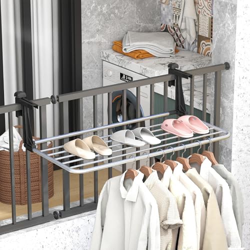Image of Tangkula Portable Clothes Drying Rack, Extendable Radiator Clothes Airer with Robust Aluminum Frame for Balcony Railings Windowsill, Folding Towel Rack for Indoor & Outdoor Use (Large)