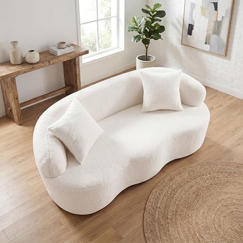 67Curved Loveseat for Living Room Deep Seat Cloud Loveseat with 2 Throw Pillows Modern Loveseat Adopt Teddy Fabric for Small Spaces the Love Seat Couch No Assembly Needed White Loveseat