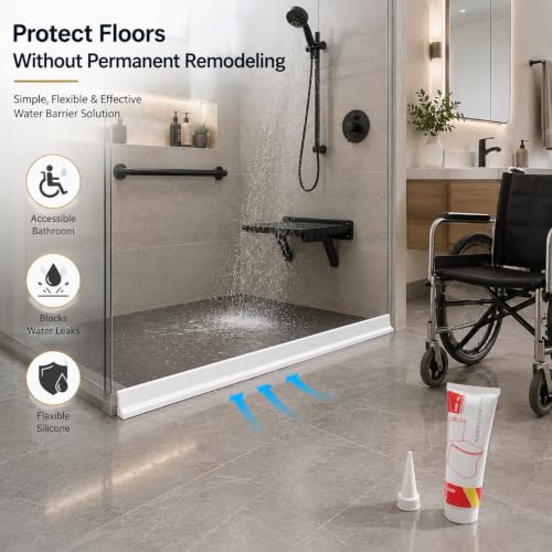 Image of Flexible Silicone Water Dam (2 Meters), Shower Threshold Water Blocker & Kitchen Sink Splash Guard, Self-Adhesive Bathroom Floor Seal (White, 3cm Height)