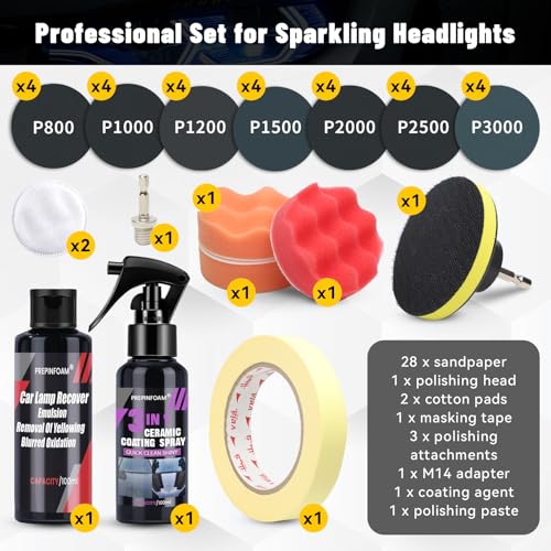 Orchideeknc Kit de restauración de faros delanteros de 38 piezas, kit universal de reparación y pulido de faros de coche, con protección UV, pasta de pulido, adaptador, discos de lijado en 7 tamaños - imagen 2