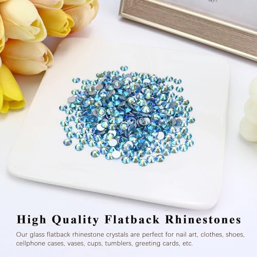 Image of 1440PCS SS3 Crystal Glass Flatback Rhinestones, Round Flat Back Crystal Gems for Nail Art and Craft Clothes, Glue Fix Diamond Stones Aquamarine /Lake Blue AB (1.3-1.4mm)