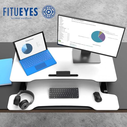 Image of FITUEYES Height Adjustable Standing Desk 36 inch Wide Sit to Stand Converter Stand Up Desk Tabletop Workstation for Laptops Dual Monitor Riser White SD309103WW