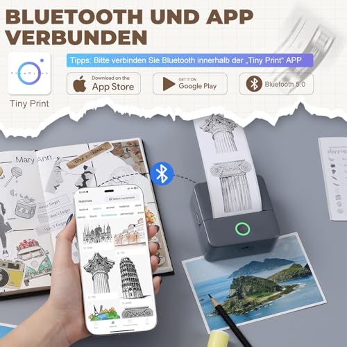 PRAOAHEI Mini Drucker, Tragbarer Fotodrucker mit 10 Rollen Druckerpapier, Bluetooth-Etikettendrucker, Thermodrucker für Notizen, Fotos, Tagebücher, Heimwerken, kompatibel mit iOS und Android (Grau)