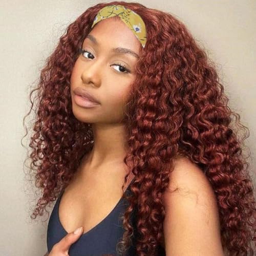Image of Celiarita Reddish Brown Deep Wave Headband Wig Human Hair Curly Headband Half Wigs Copper Red Glueless None Lace Front Wig #33 Colored Brazilian Virgin Hair Wigs for Black Women 22Inch