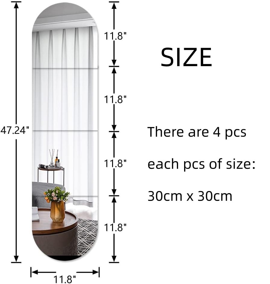 Image of Full Body Length Mirrors for Walls, 12 x 12 Inch, 4 Pack Acrylic Plexiglass Mirrors Wall Mounted Frameless Square Makeup Large Long Mirror for Home Workout Hallway Mirror (silver)