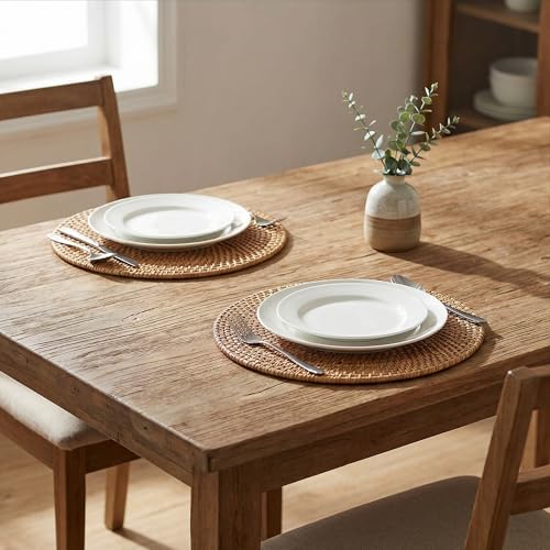 Image of Encasa XO Dining Round Table Mats Set of 2 | Rattan Placemat - 30 cm Diameter | Natural Cane Handmade Woven | Boho Farmhouse Wicker Chargers for Dinner Plates