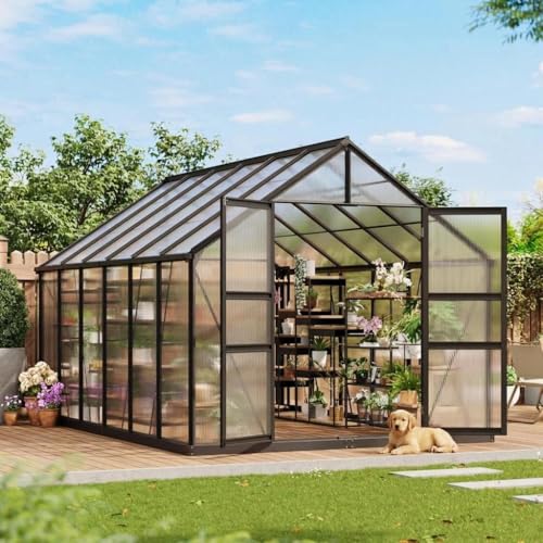 12x8 FT Greenhouse, Polycarbonate Greenhouse with Roof Vent, Lockable Push Door, Aluminum Large Walk-in Green House for Outside Garden Backyard, Patio, Lawn, Black