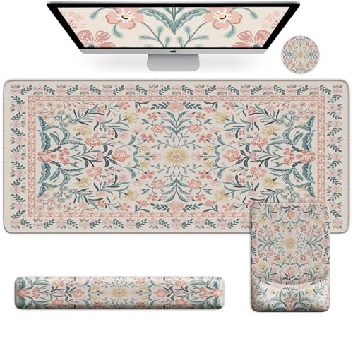 iCasso Mouse Pad with Wrist Rest,Large Desk Mat Set,Ergonomic Keyboard Pad with Wrist Support,Non-Slip Mouse Mat for Women,Cute Floral Computer Mat for Home Office Gaming (Pink Floral)
