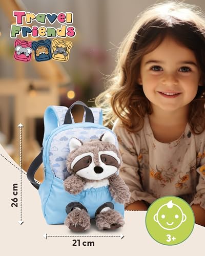 NICI Kinderrucksack blau 2 in 1 mit Kuscheltier Waschbär 25cm - Kindergartenrucksack Mädchen & Jungen - Weicher Rückenbereich & verstellbare Gurte - 49844