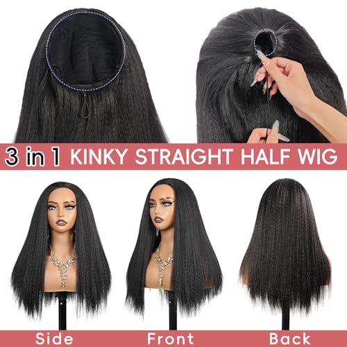 Uioxvn Kinky Straight Half Wigs for Black Women 3 in 1 Yaki Glueless Synthetic Wig 22inch No Lace Wear and Go Half Wigs with Drawstring Beginner Friendly — view 2