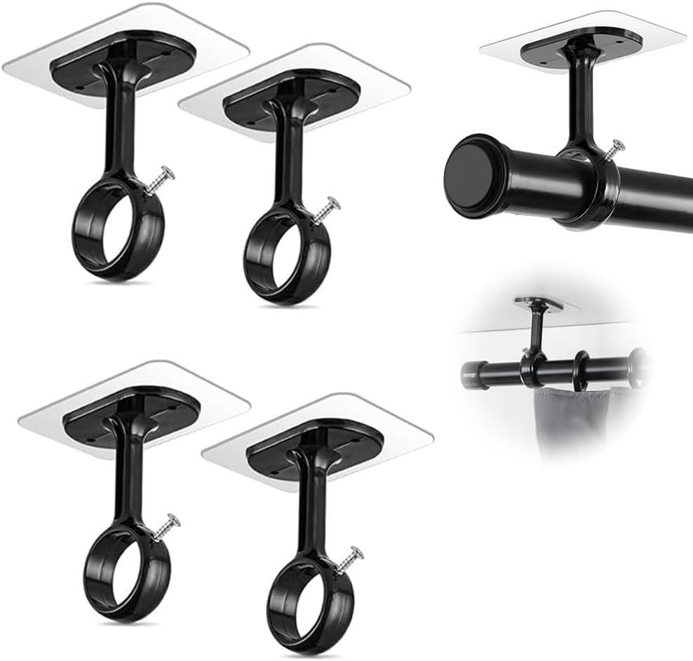 4 pcs no drill double curtain rod brackets, adhesive non drilling rod heavy-duty black curtain hanger, ceiling installation bracket, suitable for living rooms, bathrooms, kitchens