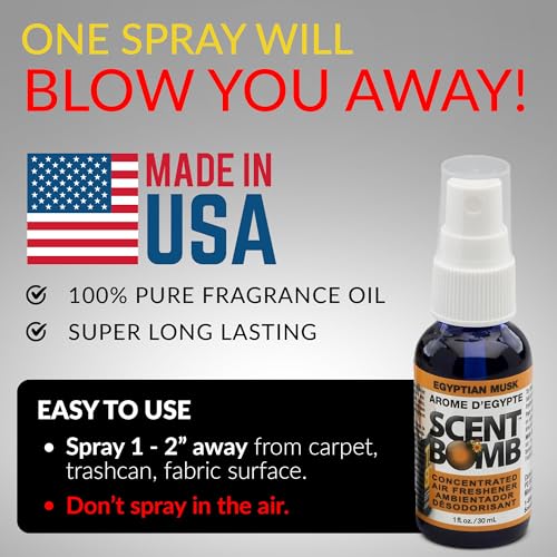 Image of Scent Bomb Air Freshener Spray, Long-Lasting Odor Eliminator - Effective Deodorizer for Home & Car, Fresh Room Spray for Kitchen, Bathroom & Smell Neutralizer - 1 oz Pack of 4, Egyptian Musk Scent