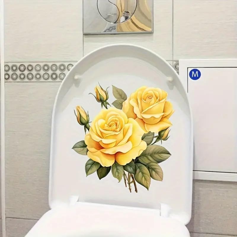 Yellow Rose Flower Butterfly Toilet Cover Sticker Decals,Spring Flower Leaf Butterfly Waterproof Toilet Lid Tank Seat Decals Cistern Self-Adhesive Bathroom Wall Sticker