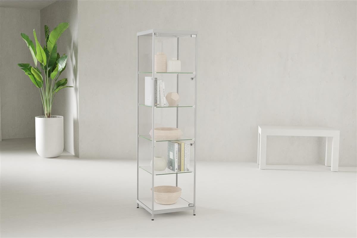 Displays2go Showcases in Glass with LED Illumination, 4 Fixed Shelves, MDF & Anodized Aluminum – Silver (LESC5578SV)