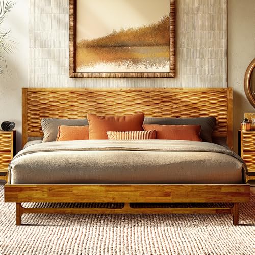 Image of Acacia Elara King Platform Bed Frame - Mid-Century Modern Style, Carved Headboard, Solid Wood, Caramel Finish, No Box Spring, 800lbs Support, Easy Assembly with Tools Included