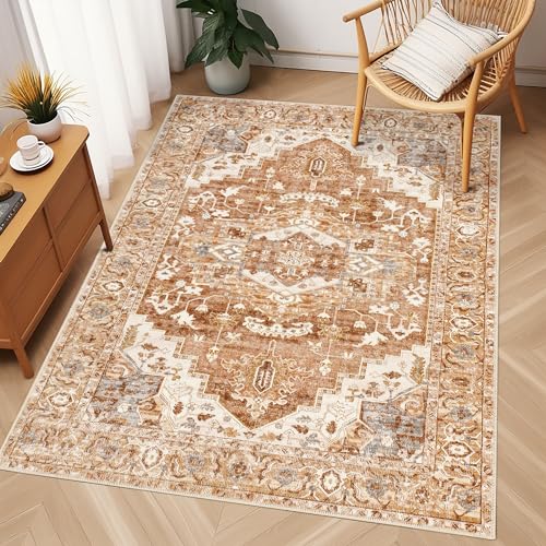 WondRg 3x5 Washable Neutral Area Rug Beige Vintage Entryway Office Carpet Non-Slip Soft Low Pile Floral Throw Rug for Entrance Living Room Bathroom Dining Room 3' x 5' (Rectangular) Beige