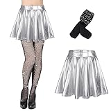Durio Damen Rock Kurze Metallischer Faltenrock Mini Skater Rock Glitzer Rave Party Hohe Taille Elastischer Plisseerock Rock+Netzstrümpfe Silber Schwarz M
