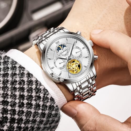 Image of OLEVS Men Automatic Skeleton Watch - Luxury Stainless Steel Calendar Moon Phase Mechanical Dress Wrist Watch with Luminous, Waterproof Self-Wind (Gold /Silver /Blue /Black)