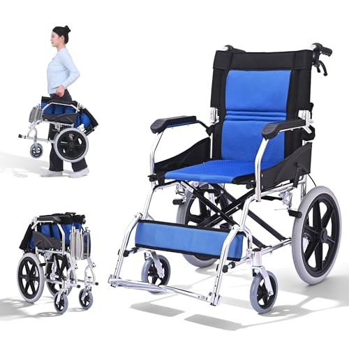 ByteTecpeak M3 Silla de Ruedas Plegable y Ligera - Doble Freno, Capacidad de Carga 100Kg, Reposapiés Plegables, Ideal para Personas Mayores y con Movilidad Reducida-Azul