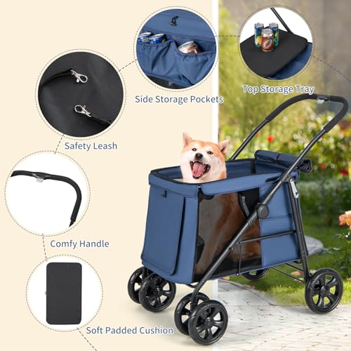 PETSITE-Folding-Dog-Stroller-One-Click-Folding-Design-4-Wheel-Pet-Stroller-with-Storage-Pockets-Breathable-Mesh-and-Skylight-Cat-Dog-Strollers-for-Small-Medium-Size-Dogs-Blue - Cucciolini Doodles   PETSITE-Folding-Dog-Stroller-One-Click-Folding-Design-4-Wheel-Pet-Stroller-with-Storage-Pockets-Breathable-Mesh-and-Skylight-Cat-Dog-Strollers-for-Small-Medium-Size-Dogs-Blue