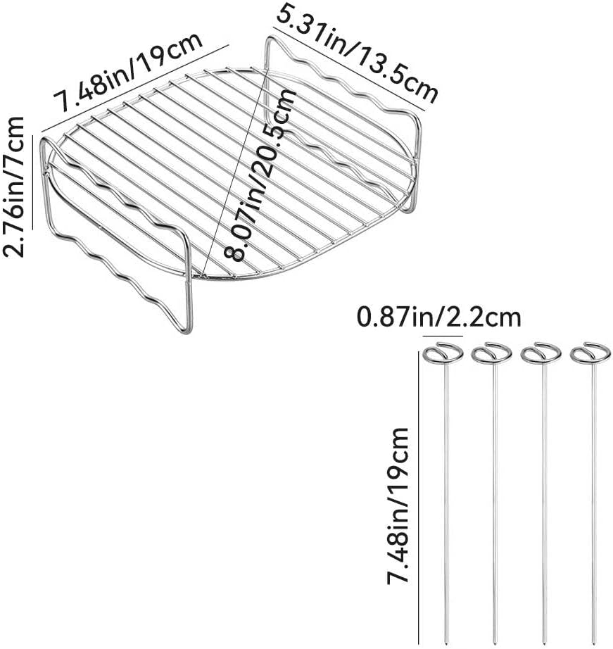 Air Fryer Double Layer Rack with Skewers Stainless Steel Dehydrator Rack Air Fryer Accessories Multi-purpose Rack (4 Skewers 8IN Square)