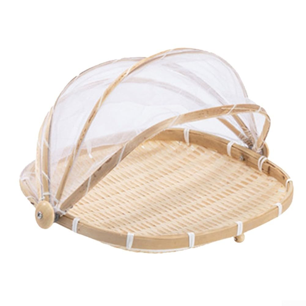 Handcrafted Basket with Mesh Cover, Large Fruit and Vegetable Storage Tray, Dustpan Style Organizer for Kitchen and Outdoor Picnics(M)