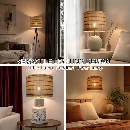 Image of Bamboo Lamp Shade with Colorful Geometric Pattern, Translucent Barrel Drum Shape, Modern Bohemian Minimalist Style for Table Floor Lamp, 11.8x9 Inch