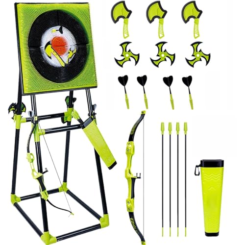4 in 1 Deluxe Axe -Wurfspiel -Set für Erwachsene mit zusammenklappbarem Stand, Backyard & Indoor Outdoor Sports -Aktivitäts -Set umfasst Achsen, Darts, Schleifen und Wurfsterne mit Target Board