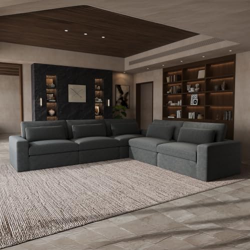 Image of Novilla 140 inch Deep Seat Modular Sectional Sofa, Removable Washable Covers, V Shape 5 Seater Cloud Couch with Lumbar Pillows, Chenille Boneless Sectional Couch Dark Gray, No Assembly Required