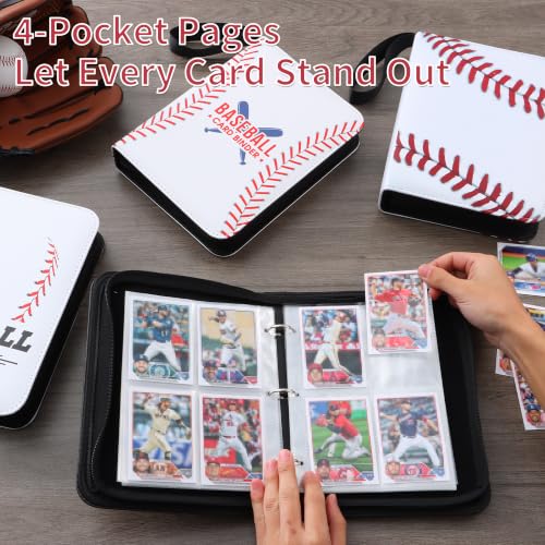 Image of 4 Pocket Baseball Card Binder with Zipper, Holds 400 Cards | 50 Removable Acid-Free & PVC-Free Card Pages, Durable PU Leather Cover for Long-Term Card Storage and Protection
